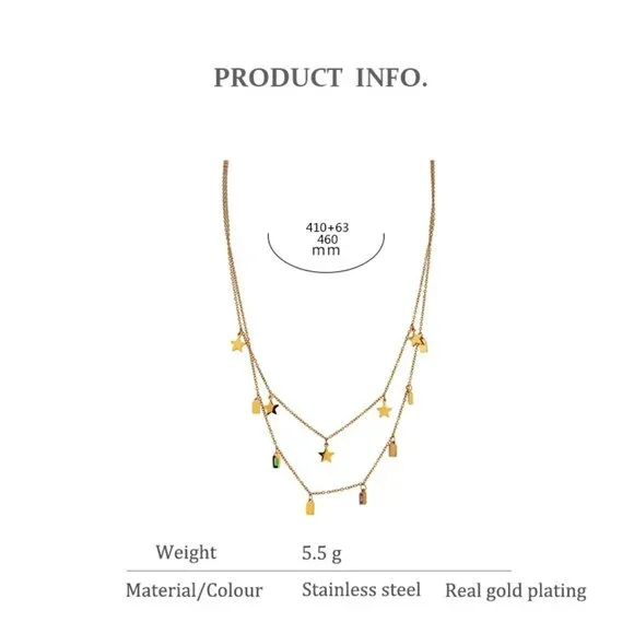 NEW 18K Gold Plated Star Square Drop Double Layer Necklace - Picture 4 of 7